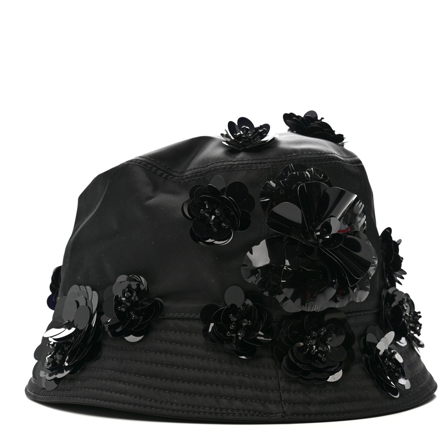 Re-Nylon Metal Triangle Logo Sequin Floral Embellished Bucket Hat L Black