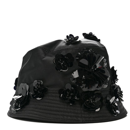 Prada Re-Nylon Metal Triangle Logo Sequin Floral Embellished Bucket Hat L Black 4 of 8