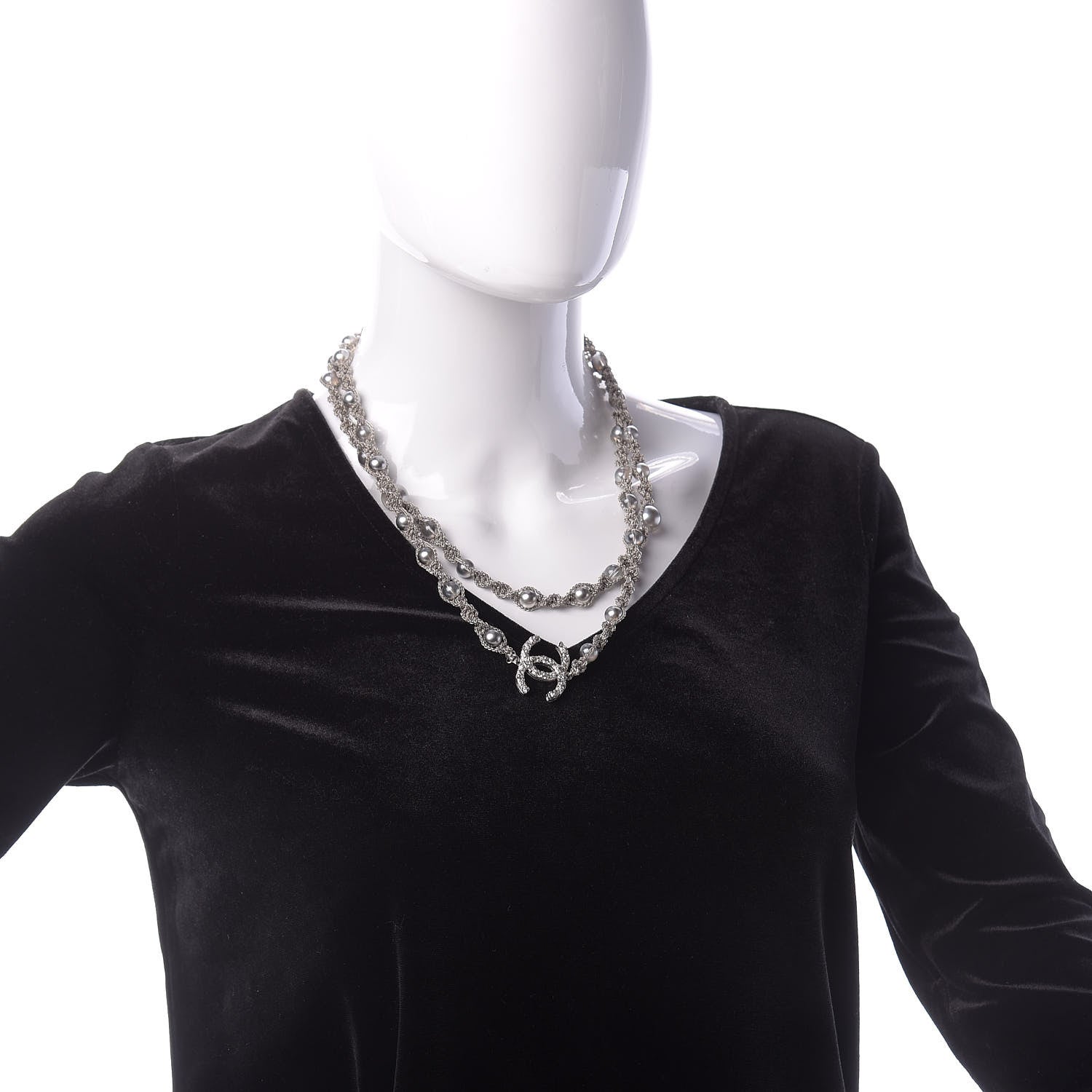 Chanel Pearl Bead CC Long Necklace Silver Grey 2 of 7