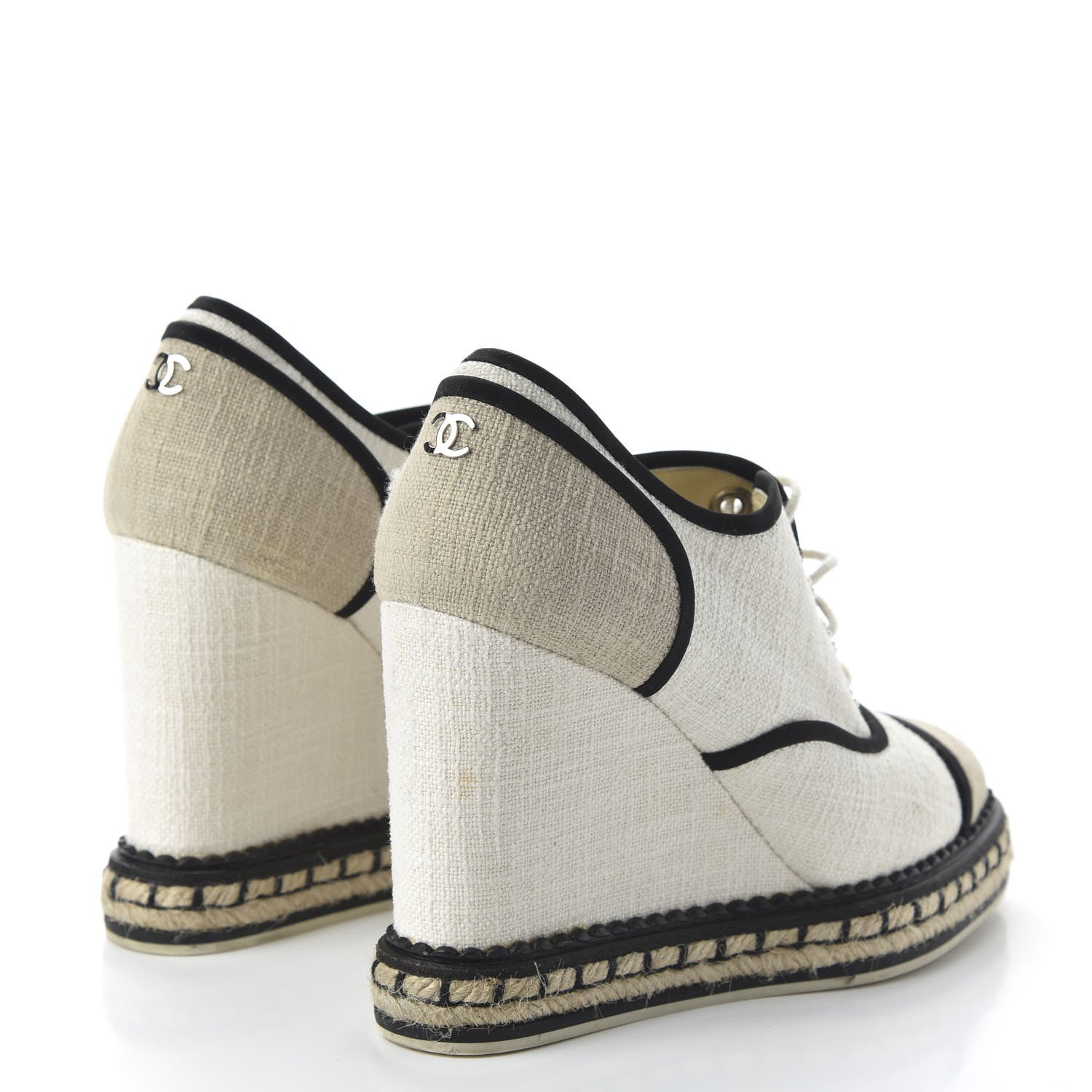 Chanel Raffia Lace Up Wedge Espadrilles 37 Beige 4 of 9