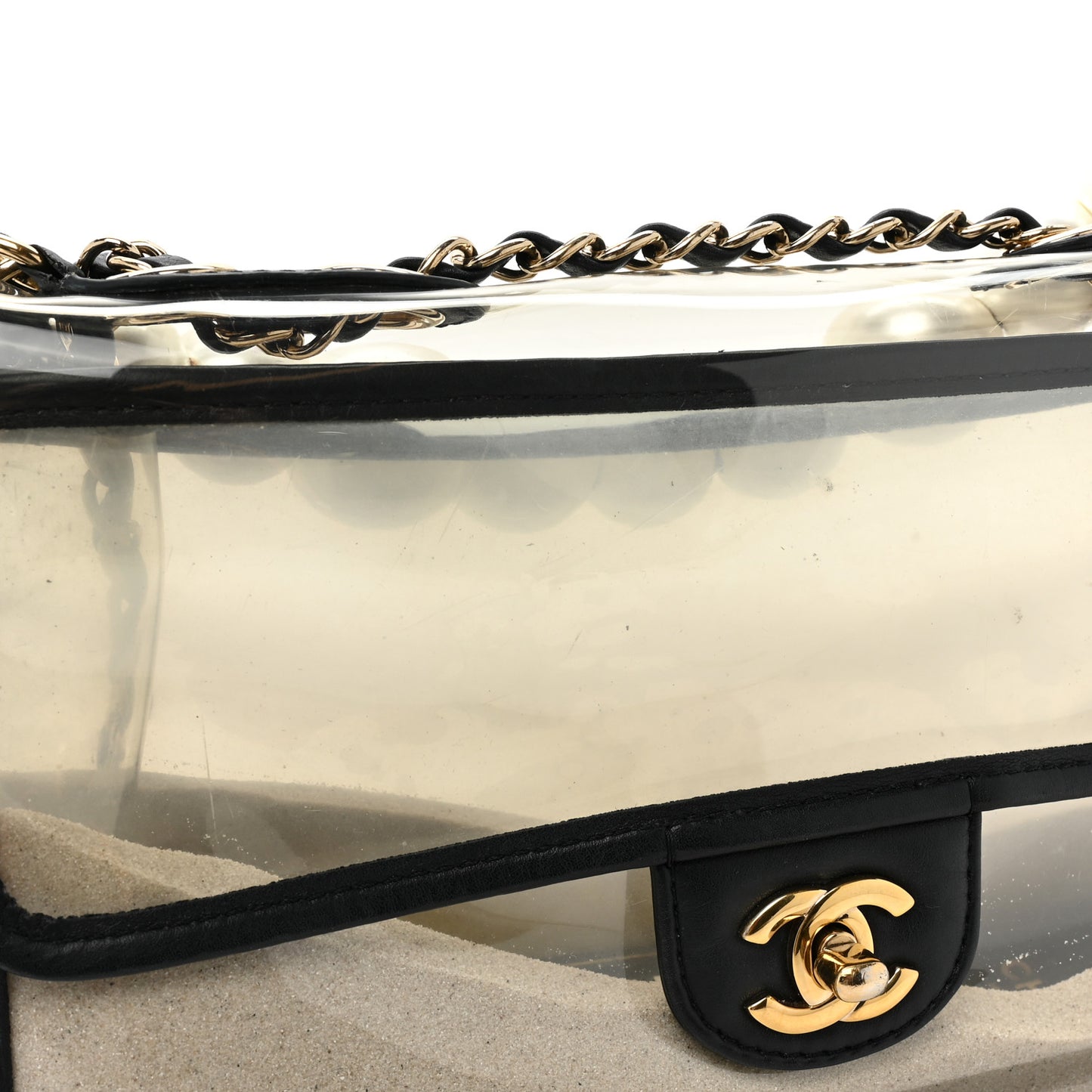 Lambskin PVC Sand By The Sea Flap With Pearl Strap Black