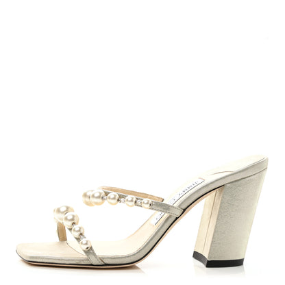 Jimmy Choo Shimmer Suede Pearl Embellished Amara 85 Mule Sandals 35 Champagne 1 of 8
