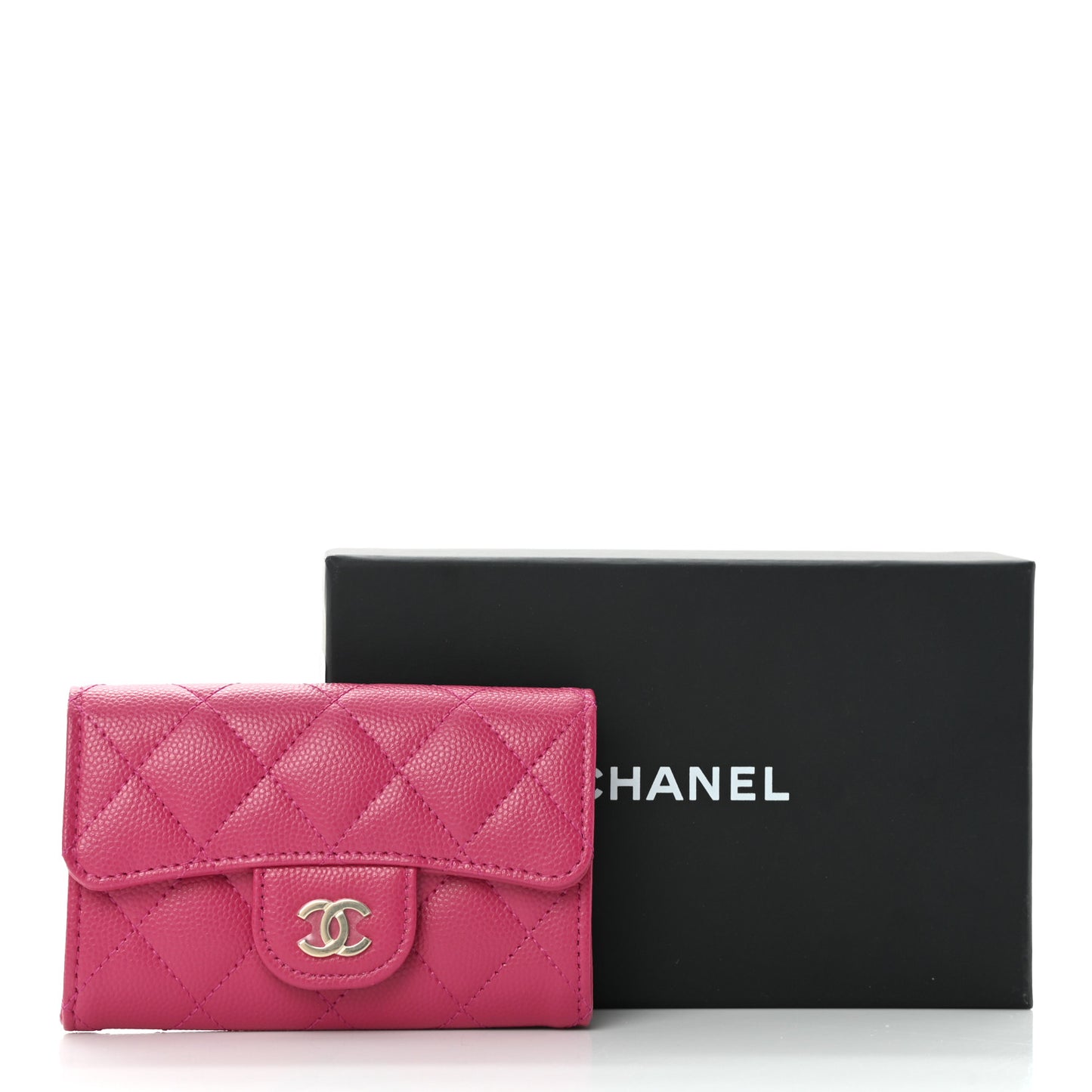 Caviar Quilted Flap Card Holder Wallet Fuchsia