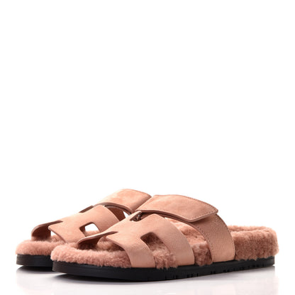 Hermes Suede Goatskin Woolskin Womens Chypre Sandals 37 Rose Aube 2 of 8