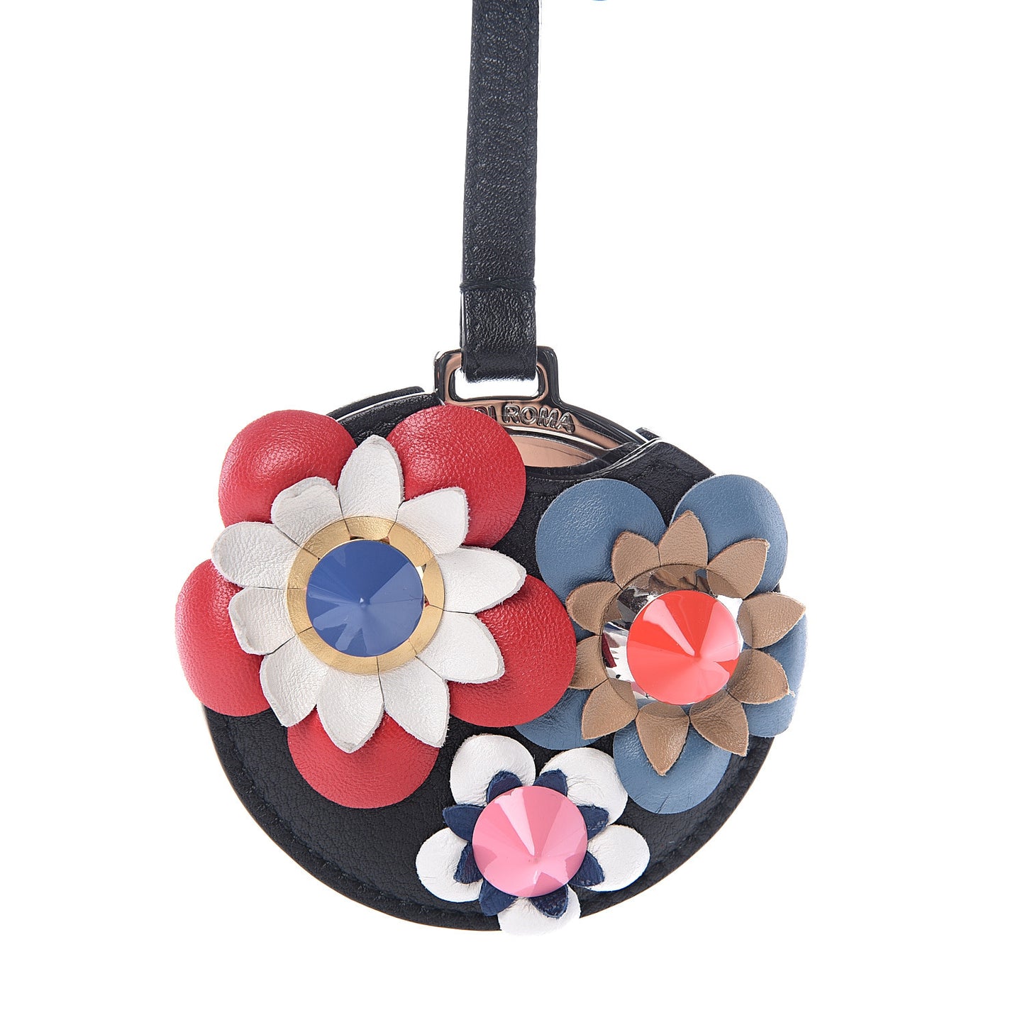 Calfskin Flowerland Mirror Key Chain Black