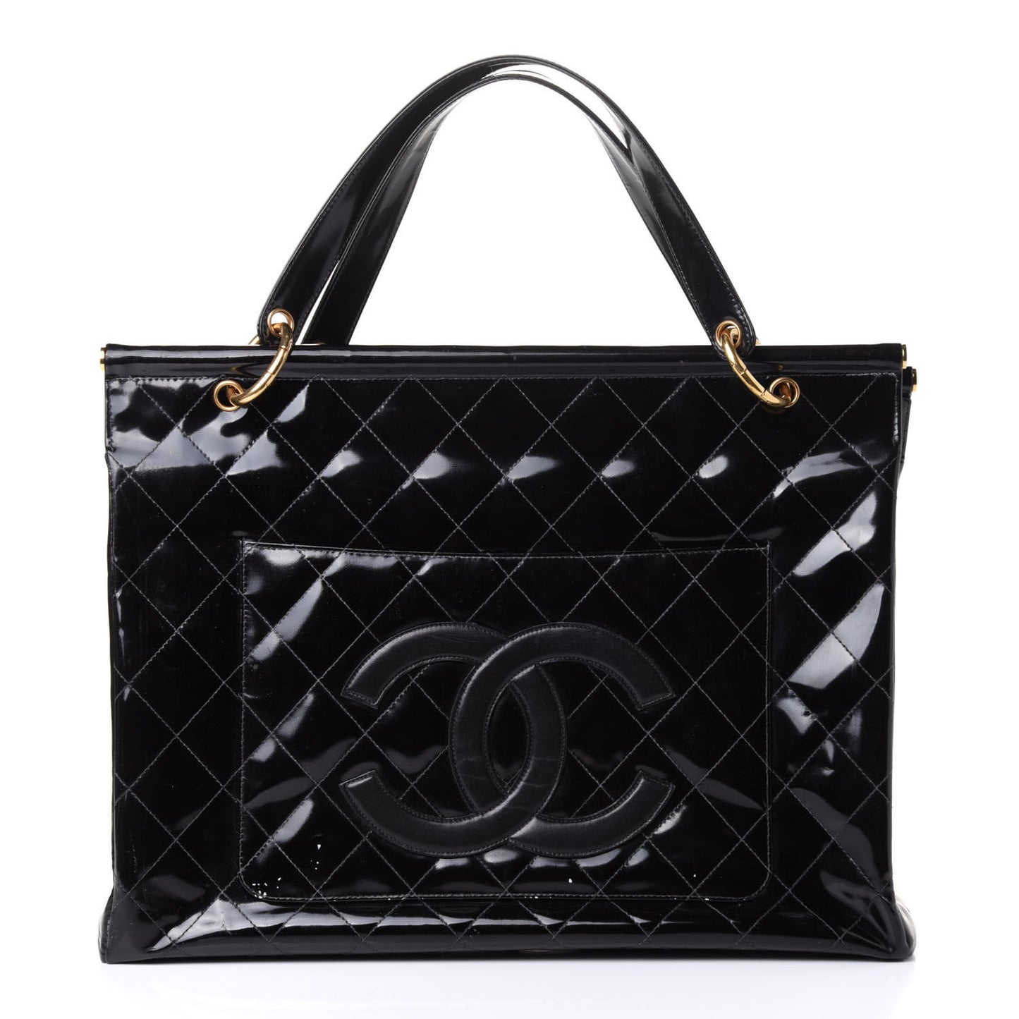 Patent Quilted Shopping Tote Black