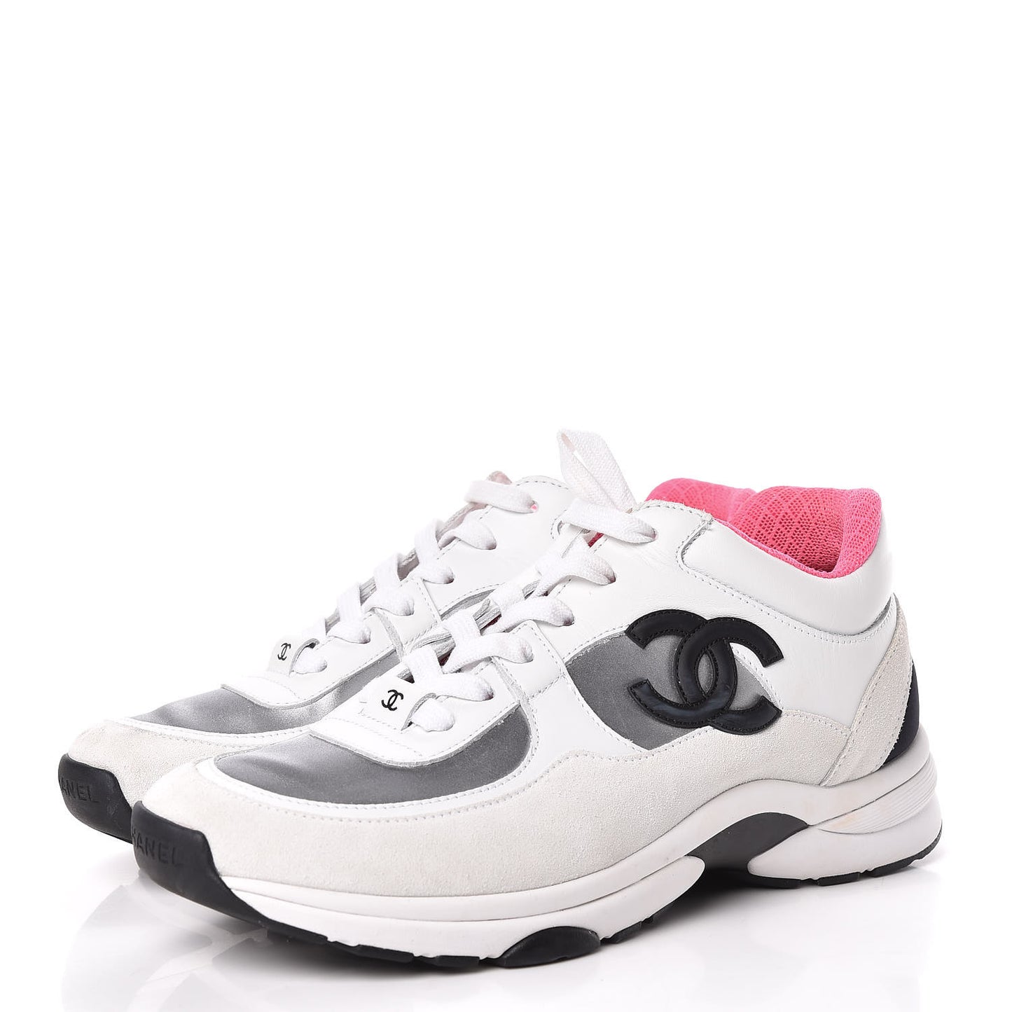 Suede Calfskin CC Sneakers 38.5 White Silver Fluo Pink