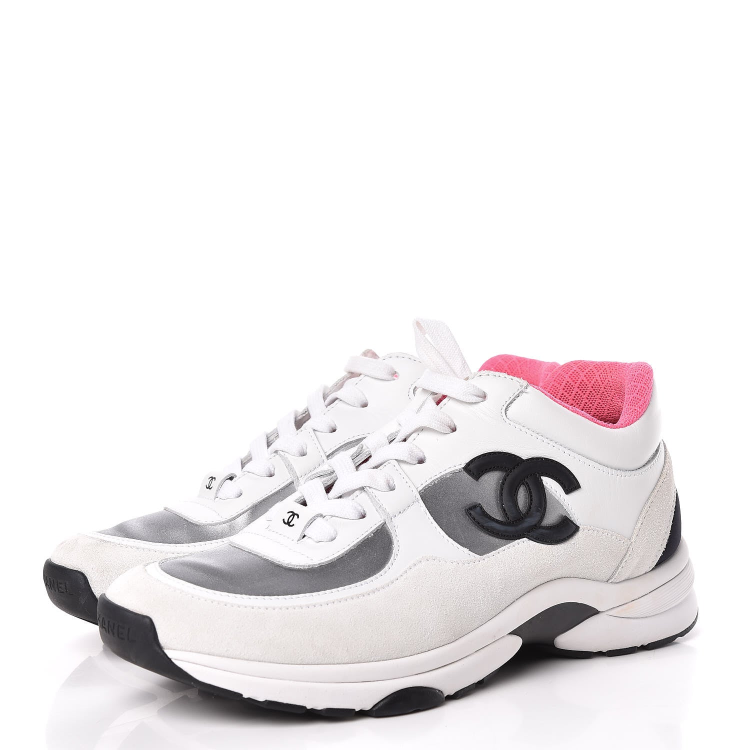 Chanel Suede Calfskin CC Sneakers 38.5 White Silver Fluo Pink 3 of 11