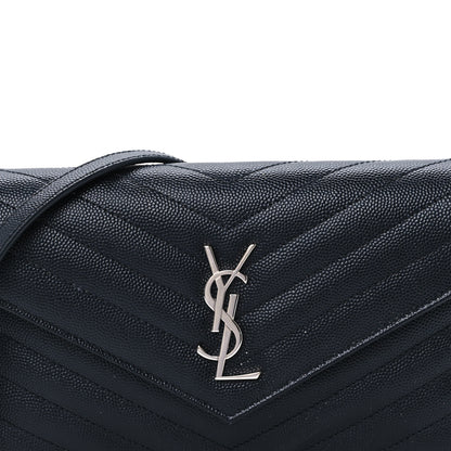Saint Laurent Grain De Poudre Matelasse Chevron Monogram Envelope Chain Wallet Black 6 of 9