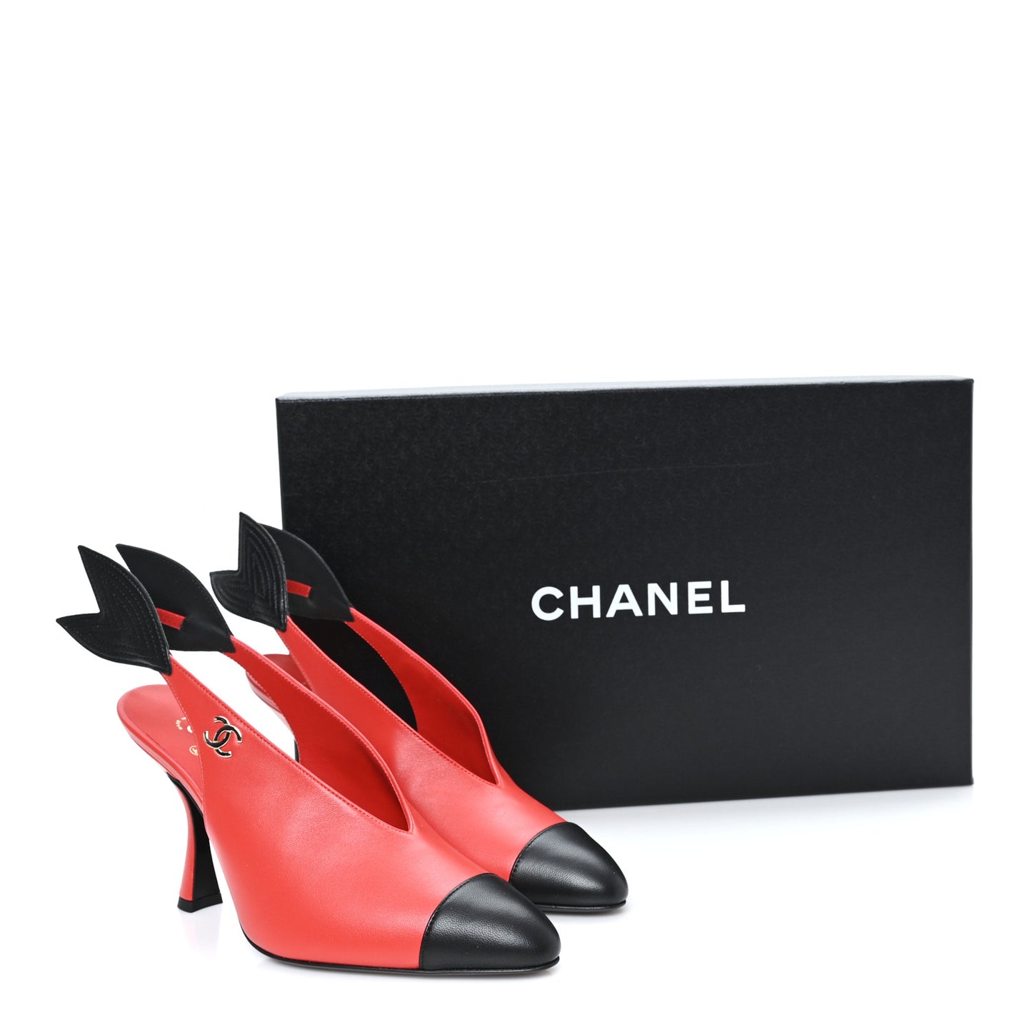 Lambskin Patent Calfskin Cap Toe CC Slingback Pumps 38 Red Black