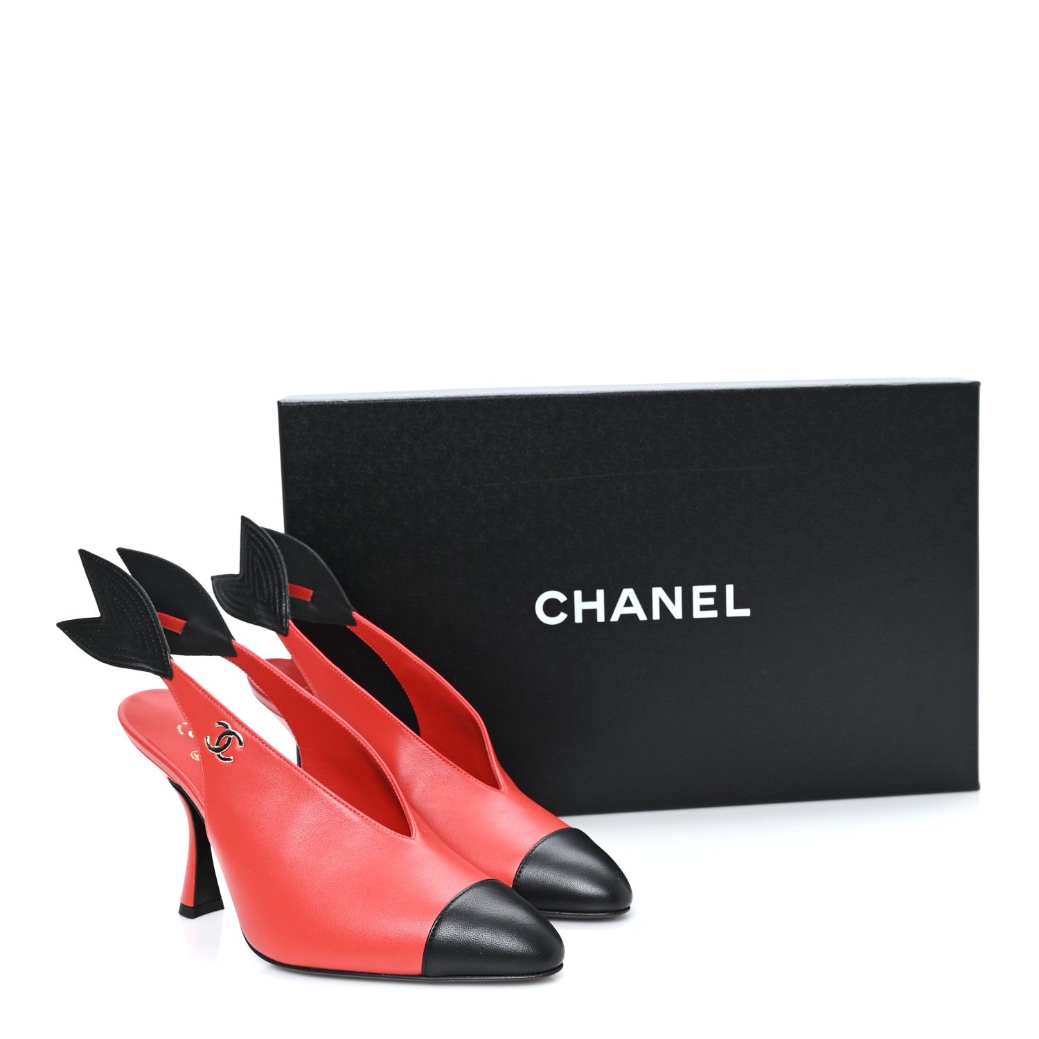Chanel Lambskin Patent Calfskin Cap Toe CC Slingback Pumps 38 Red Black 10 of 10