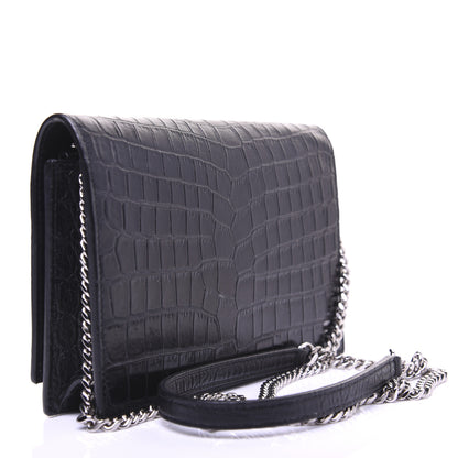 Saint Laurent Calfskin Crocodile Embossed Kate Monogram Tassel Chain Wallet Black 3 of 17