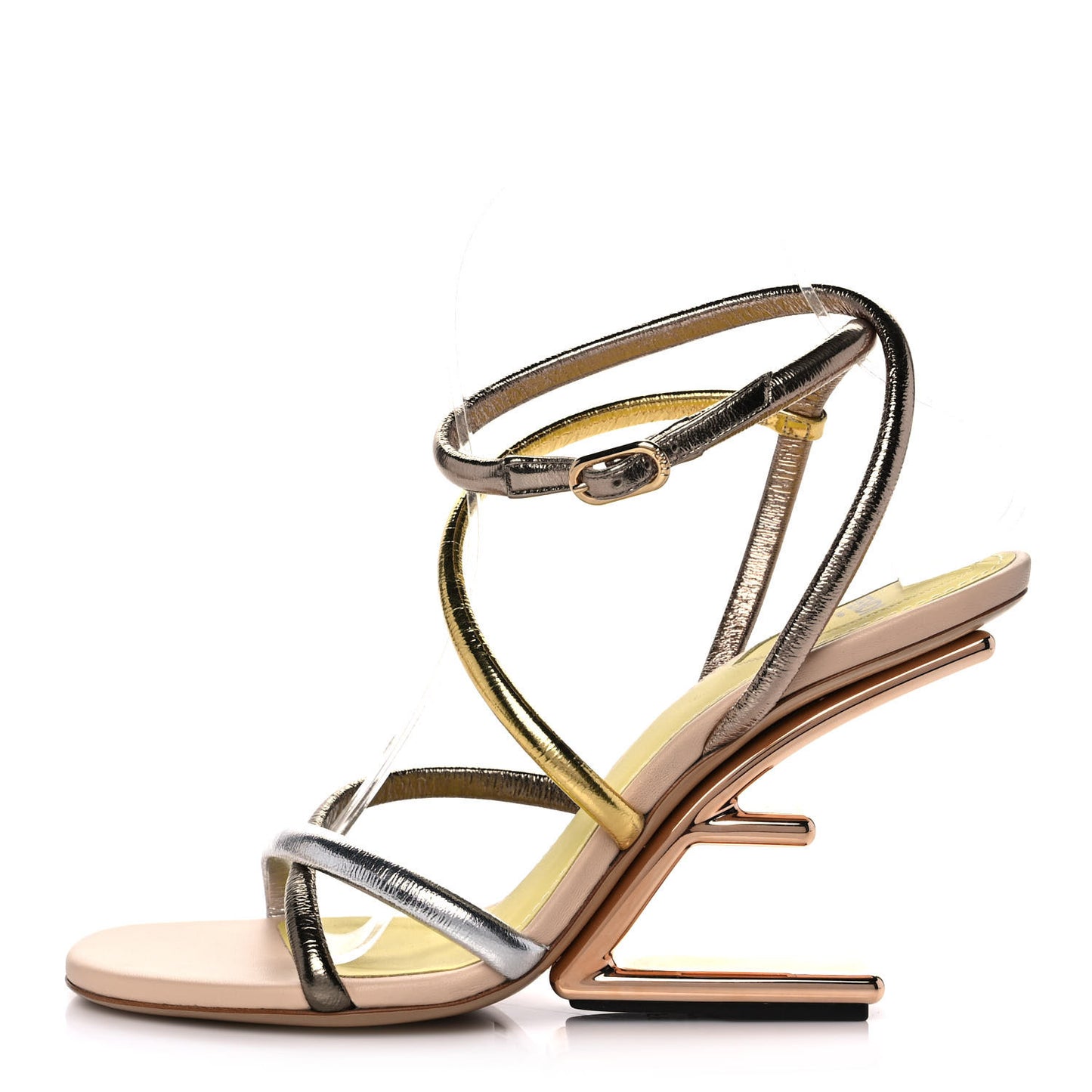 Metallic Nappa Fendi First 95mm Strappy Sandals 38 Argento Stagno Oro Champagne