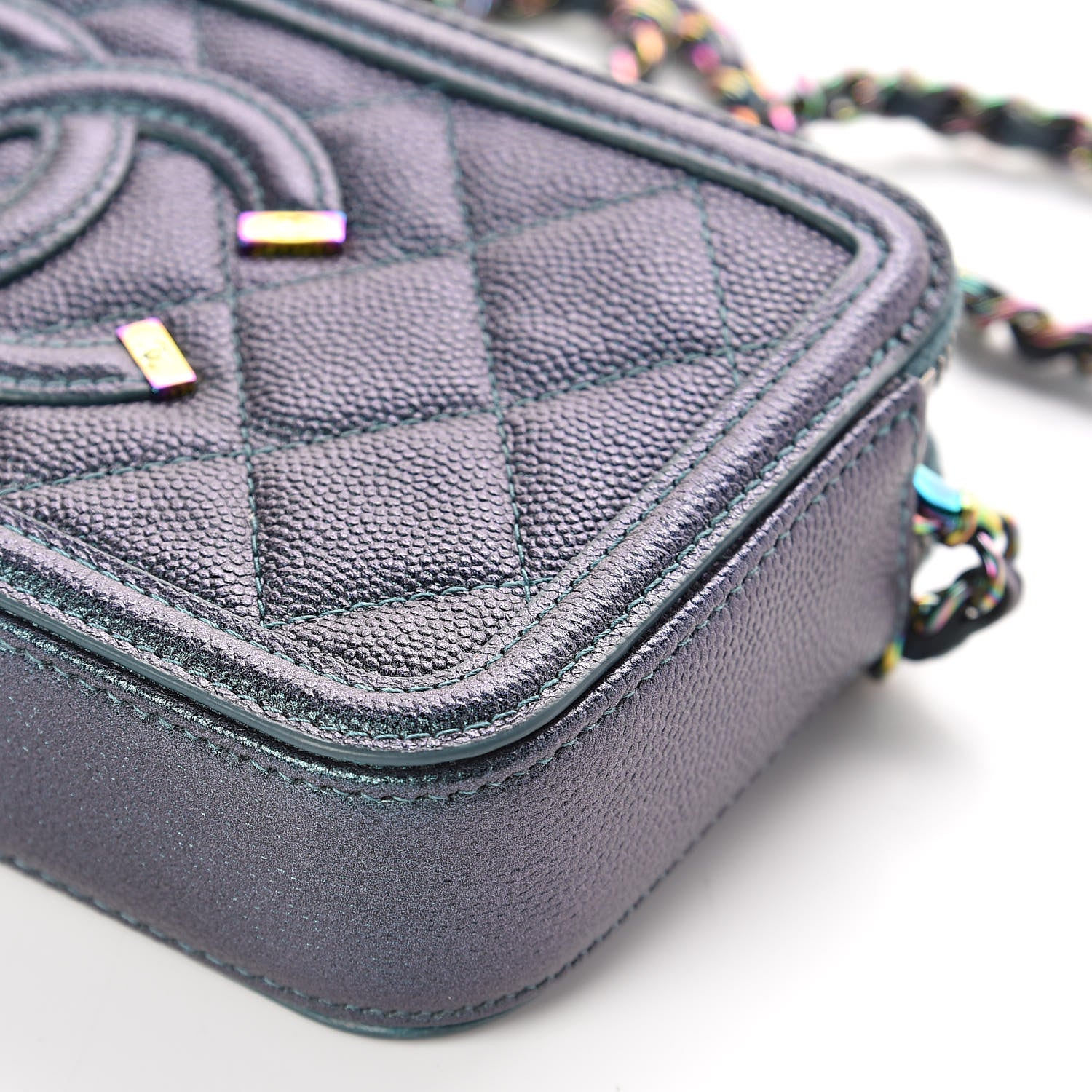 Chanel Iridescent Caviar Quilted CC Filigree Clutch With Chain Dark Turquoise 11 of 12