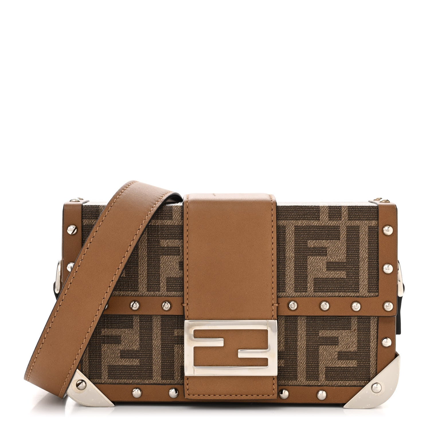 Fendi Shiny Glazed Fabric Vachetta FF 1974 Mini Baguette Trunk Mogano Panna Cuoio 1 of 12