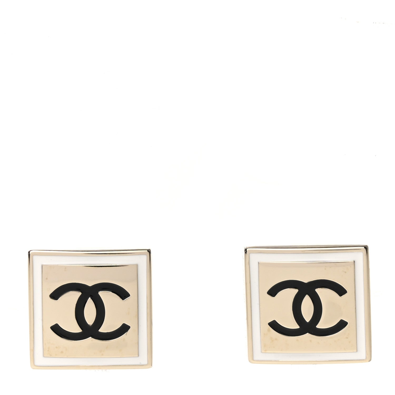 Chanel Metal Enamel CC Square Earrings Gold Black White 1 of 6