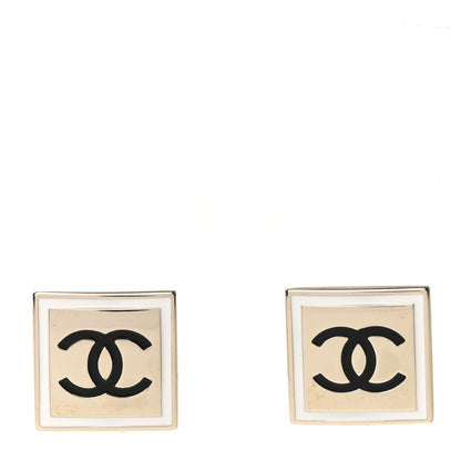 Chanel Metal Enamel CC Square Earrings Gold Black White 1 of 6