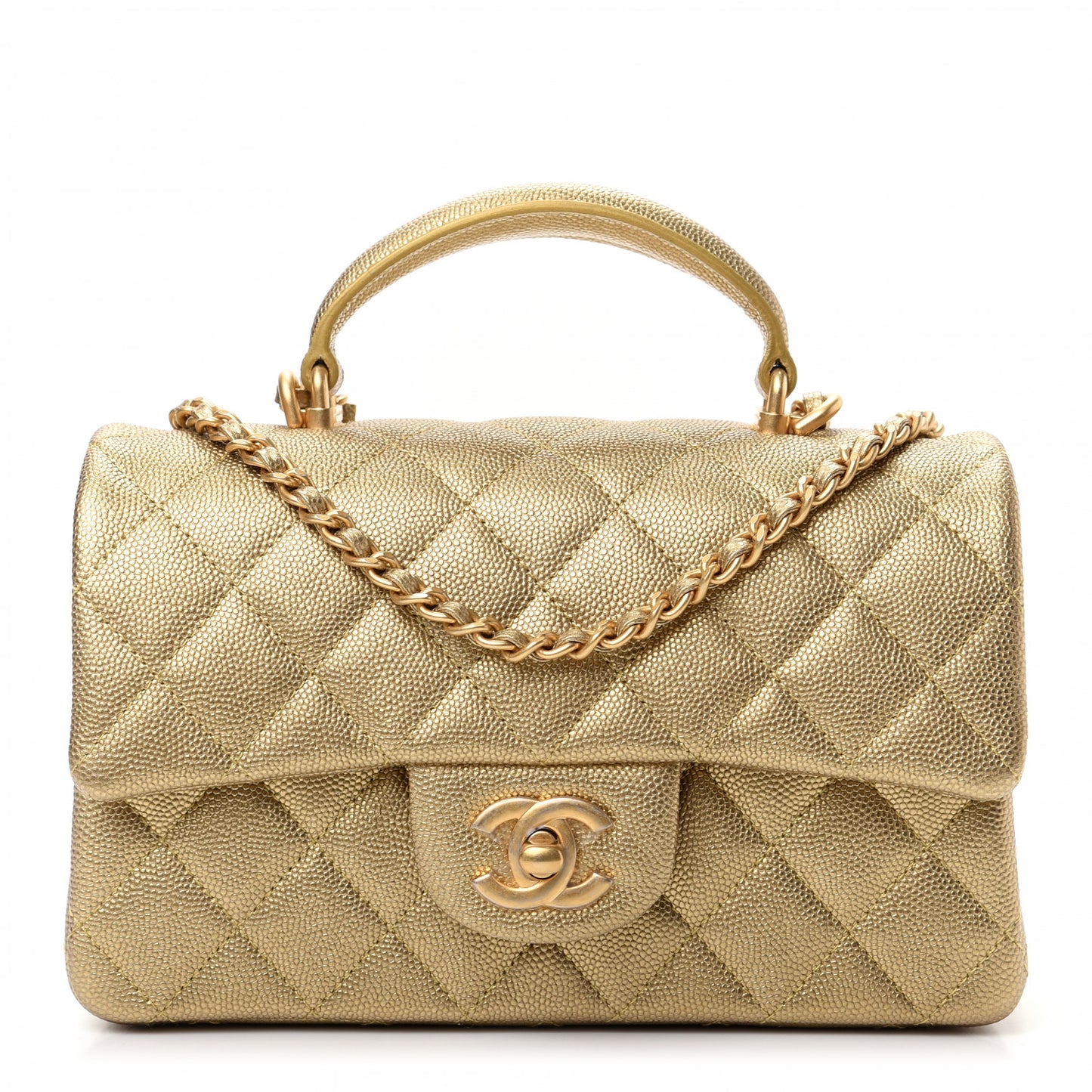 Metallic Caviar Quilted Mini Top Handle Rectangular Flap Gold