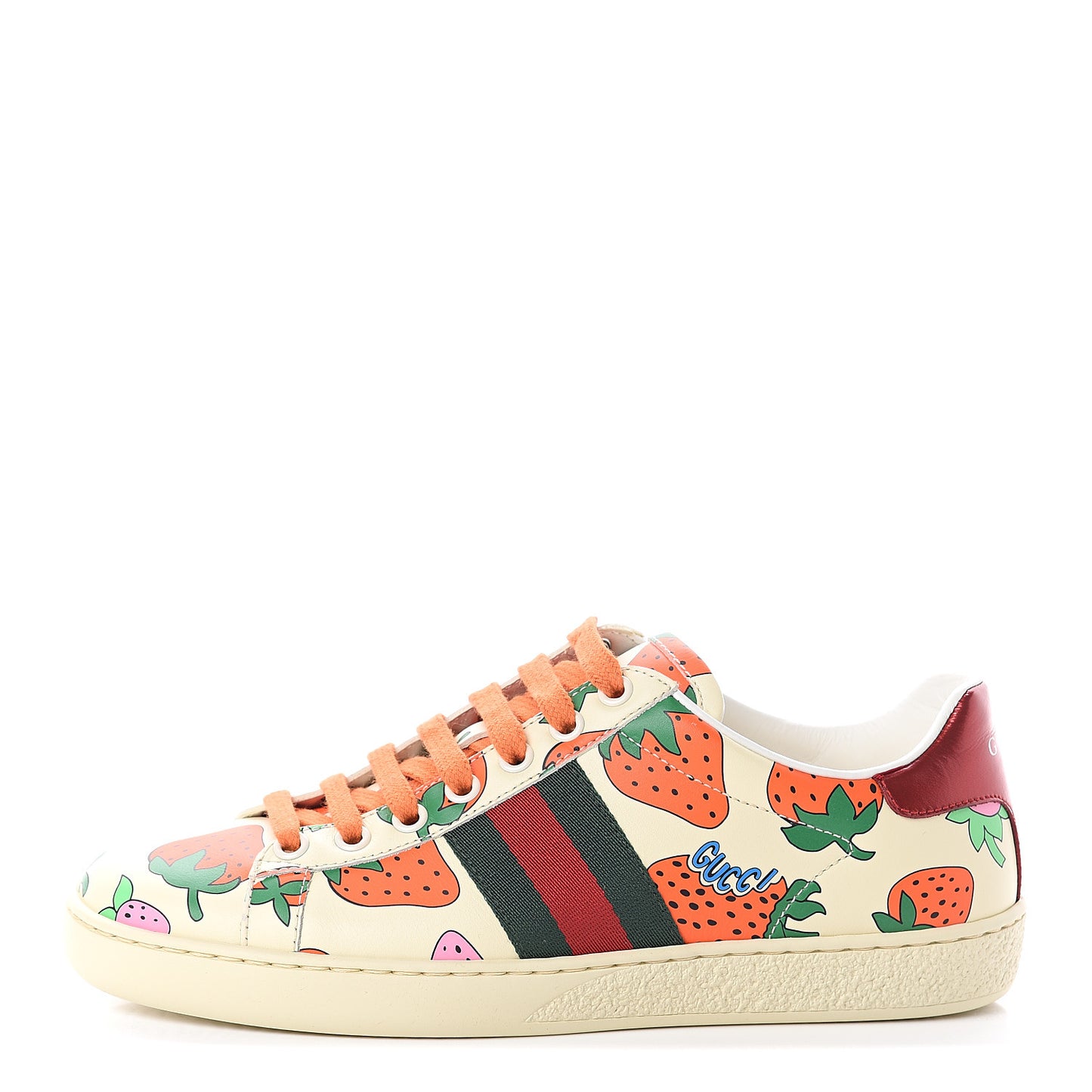 Calfskin Web Strawberry Print Womens Ace Sneakers 35.5 Ivory Red Green