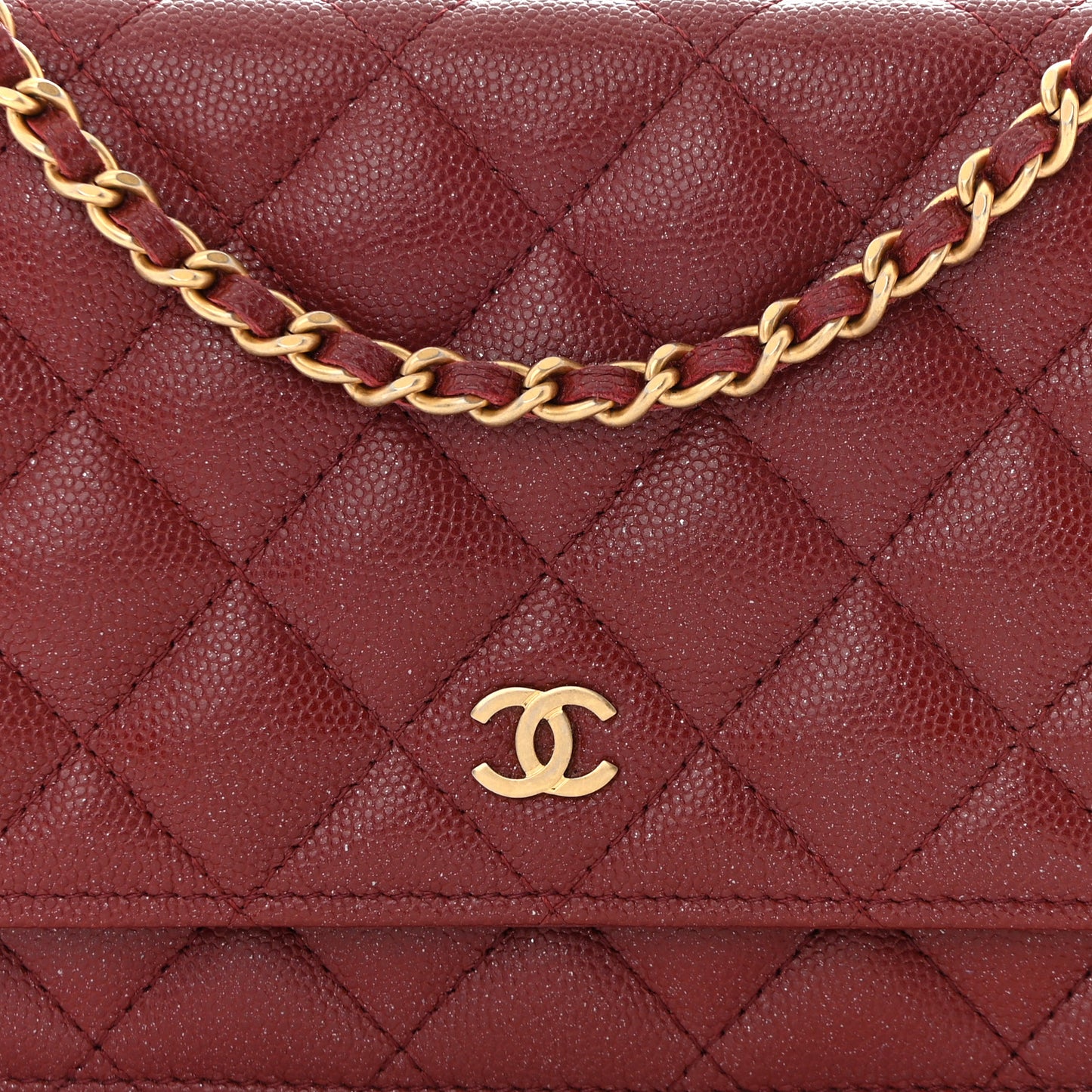 Metallic Caviar Quilted Wallet on Chain WOC Burgundy