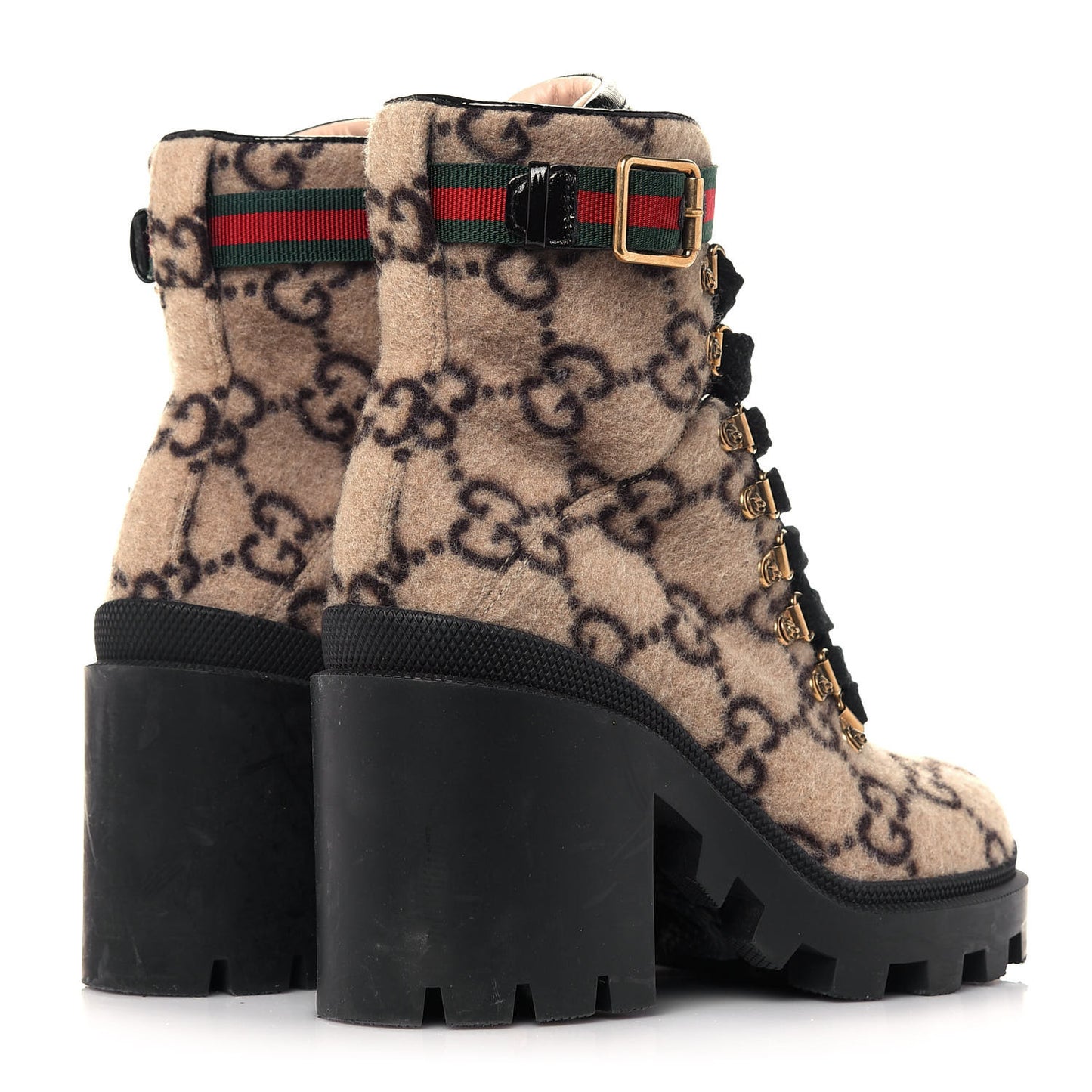Covered Wool GG Monogram Womens Lace Up Combat Ankle Boots 36.5 Beige Ebony Black