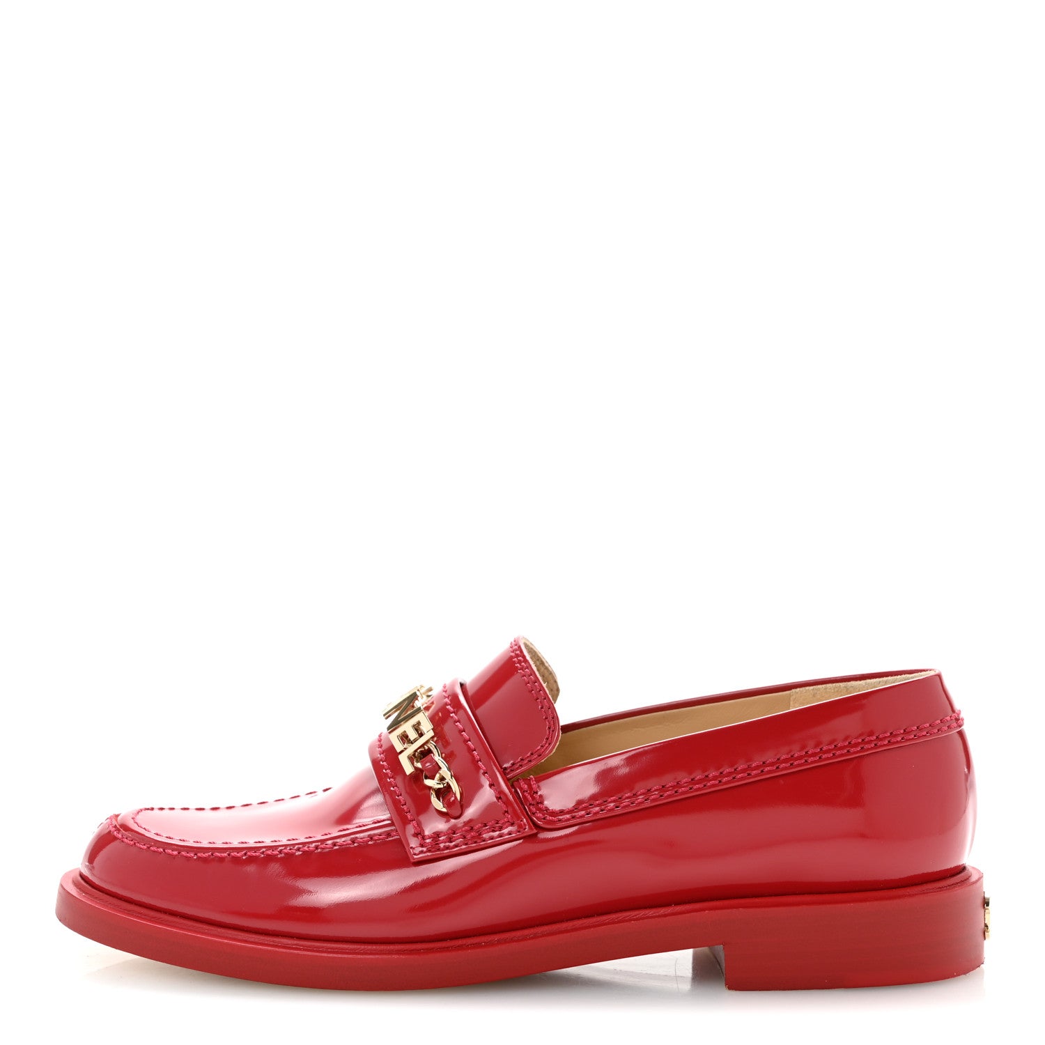Chanel Shiny Calfskin Logo Loafers 38 Red 1 of 10