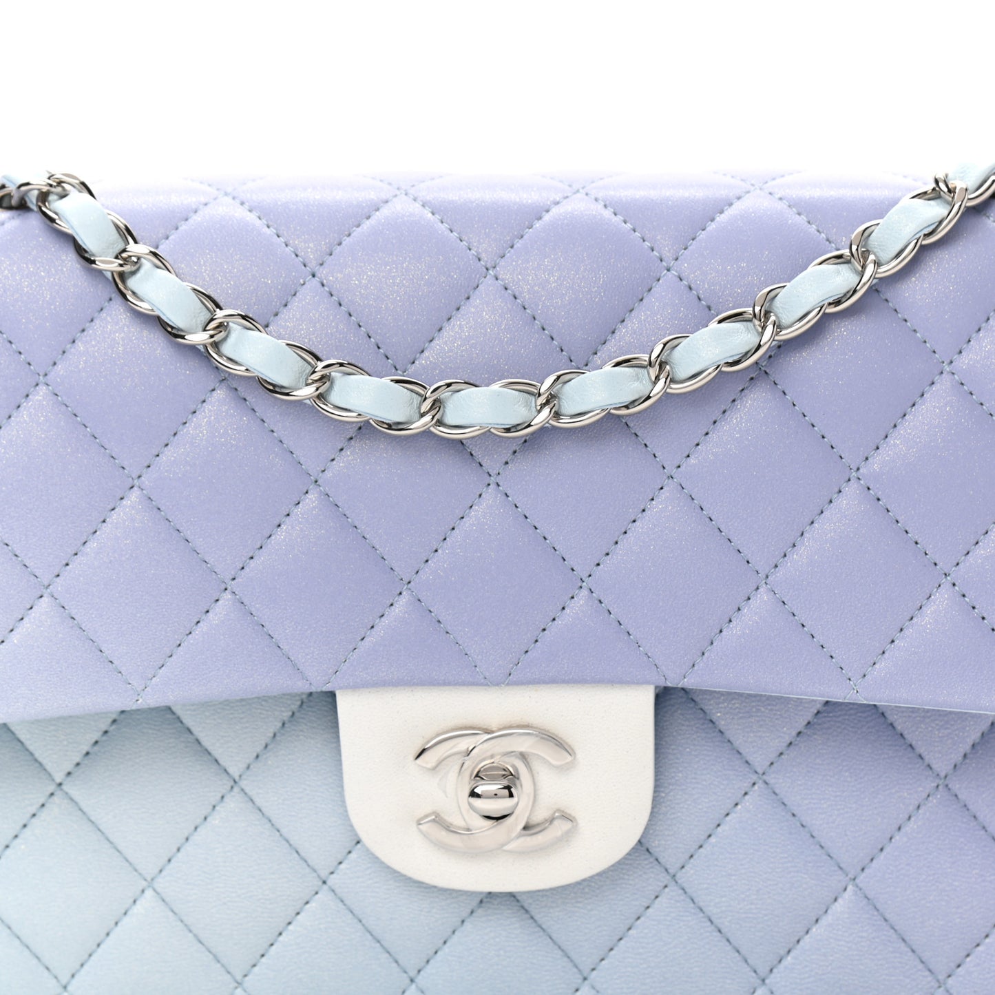 Perforated Lambskin Quilted Medium Double Flap Light Blue Light Purple White