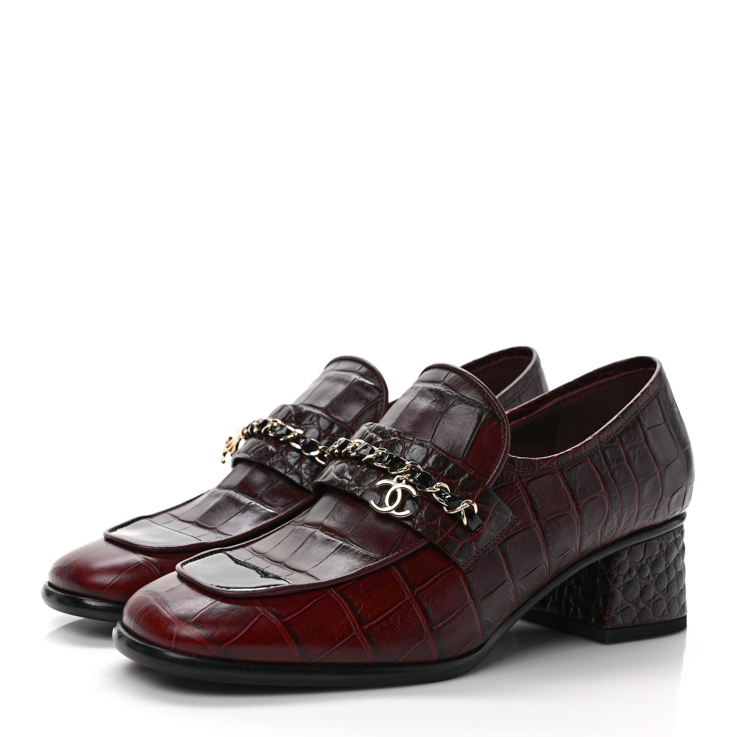 Crocodile Embossed Calfskin CC Chain Mocassin Loafers 38 Burgundy Black