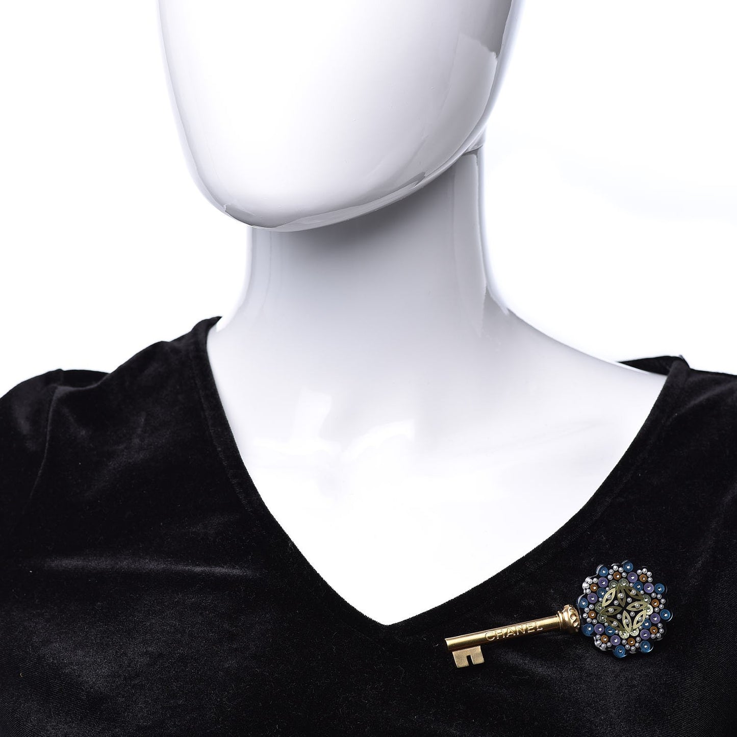 Crystal Pearl Enamel Key Brooch Multicolor