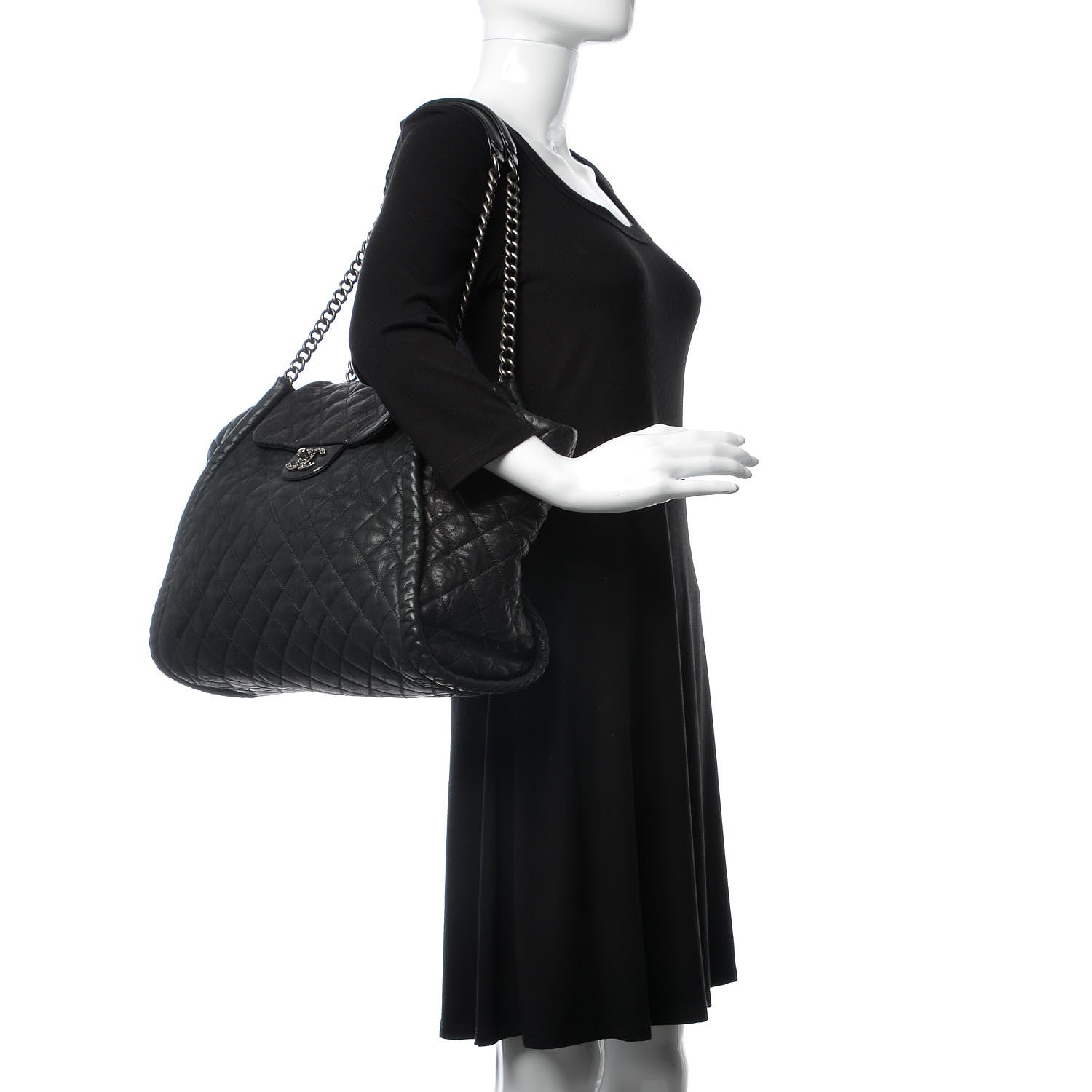 Chanel Washed Lambskin Quilted Studded CC Large Tote Black 2 of 17