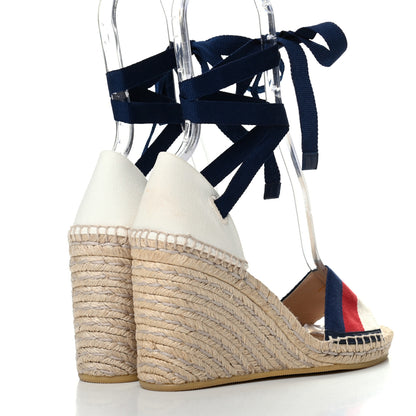 Gucci Canvas Sylvie Web Ankle Wrap Espadrille Wedge Sandals 36 Mystic White Hibiscus Red Maritime 4 of 8