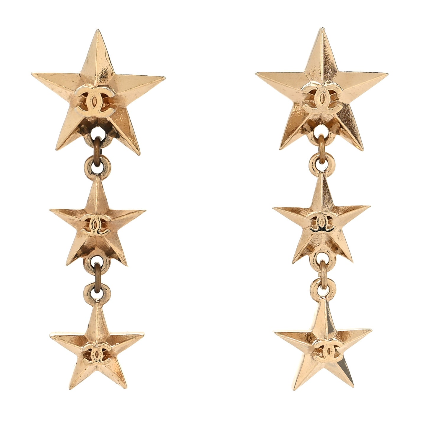 Metal CC Triple Star Drop Earrings Gold