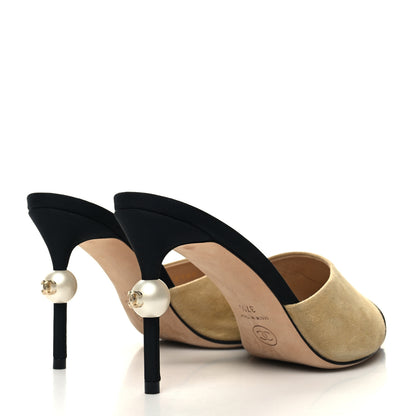 Chanel Suede Grosgrain Cap Toe CC Mules 37.5 Beige Black 4 of 8