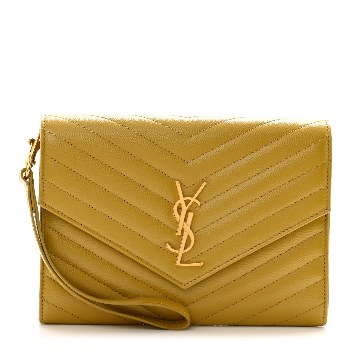 SAINT LAURENT Grain De Poudre Matelasse Chevron Monogram Envelope Clutch Mustard