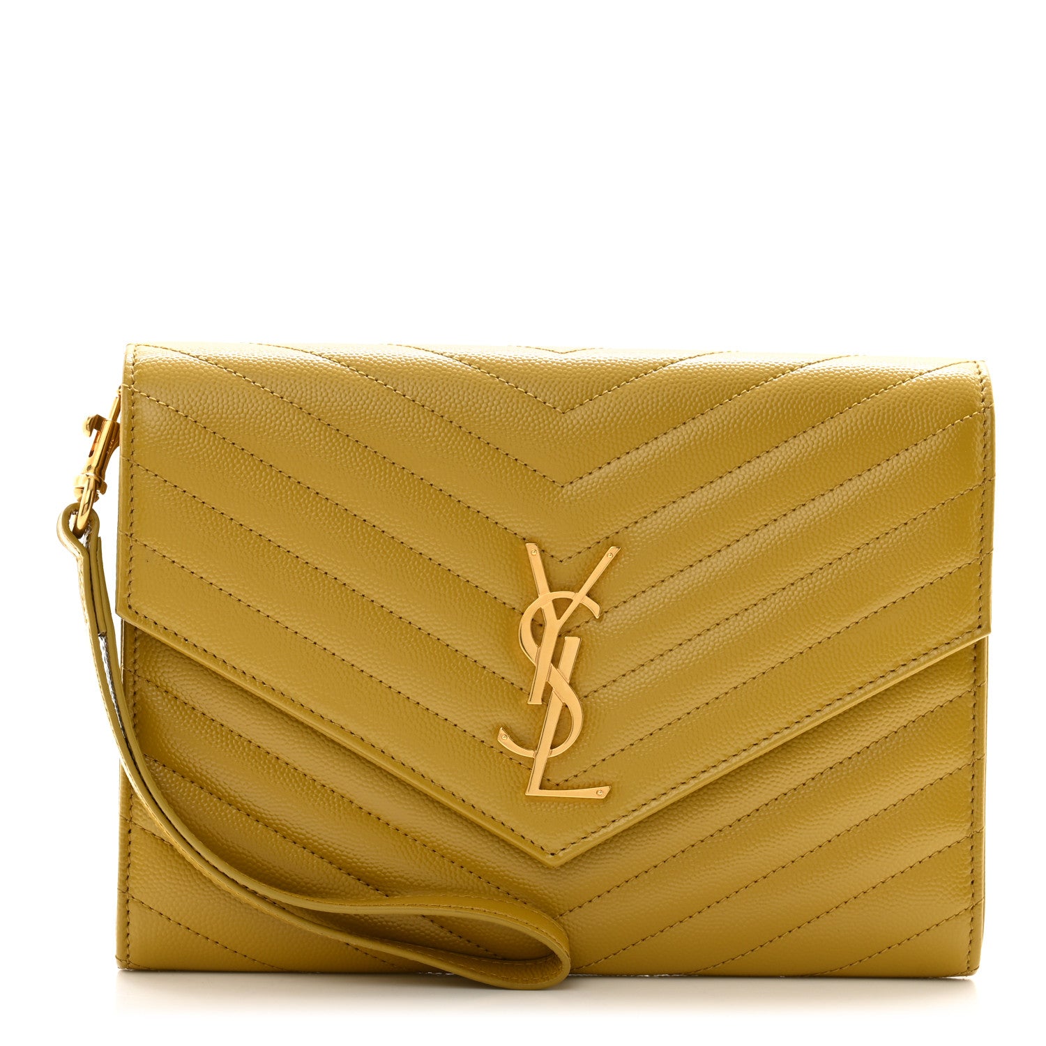 Saint Laurent SAINT LAURENT Grain De Poudre Matelasse Chevron Monogram Envelope Clutch Mustard 1 of 7