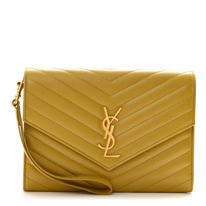 Saint Laurent SAINT LAURENT Grain De Poudre Matelasse Chevron Monogram Envelope Clutch Mustard 1 of 7