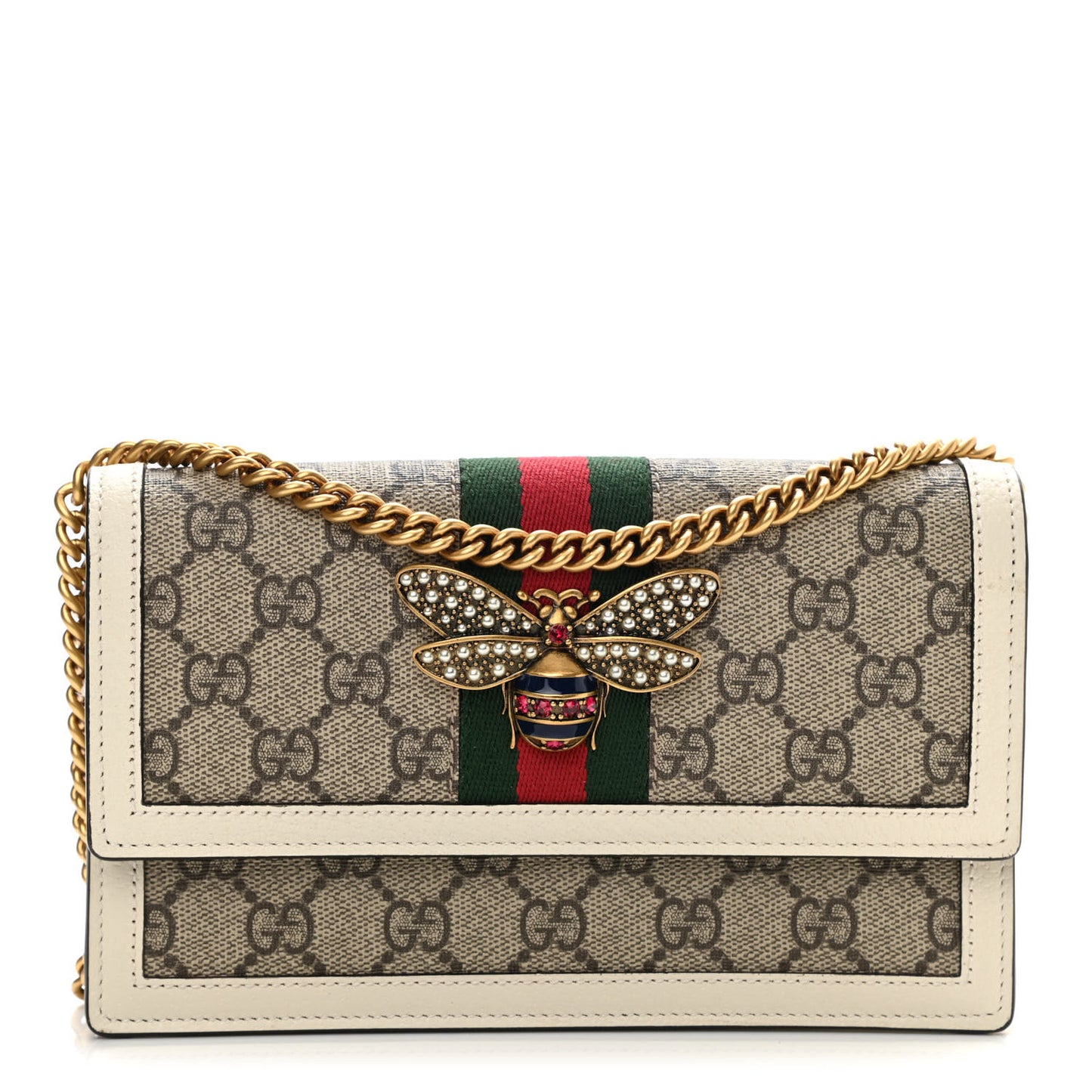 GG Supreme Monogram Web Queen Margaret Chain Wallet White