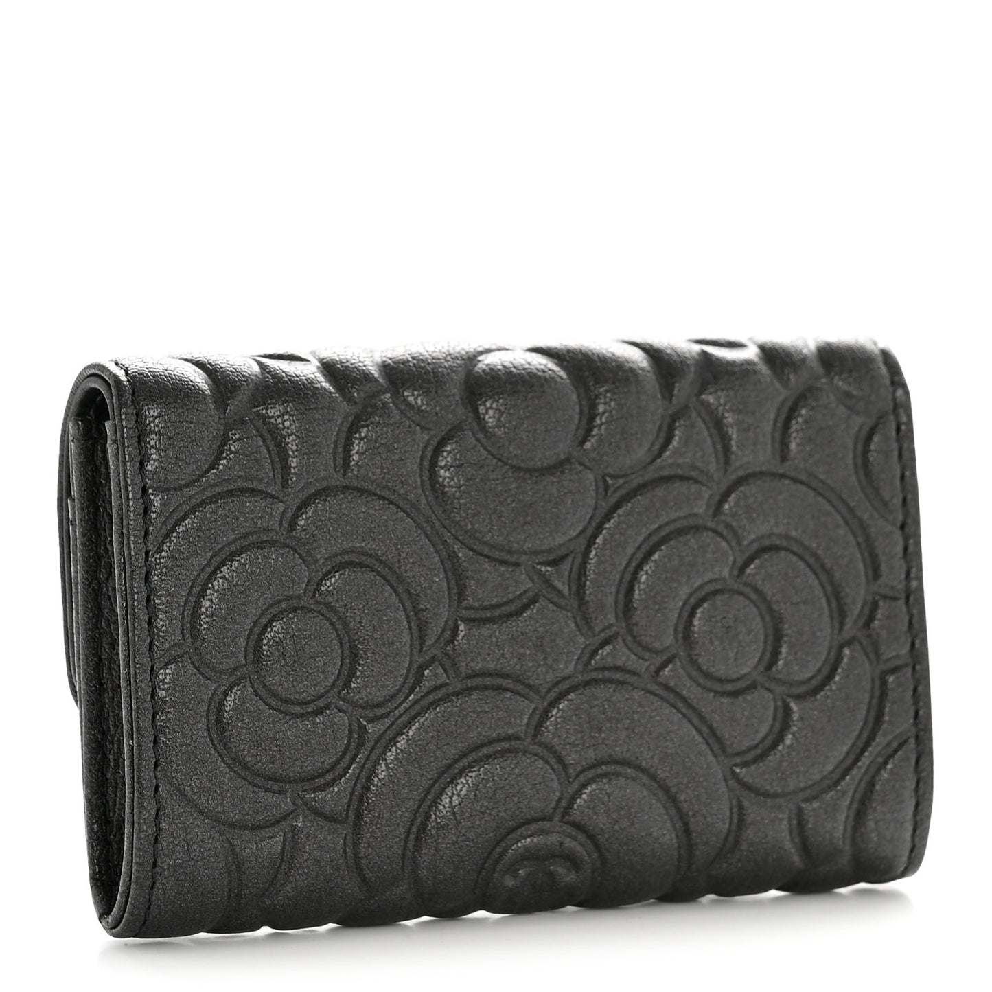 Goatskin Camellia Embossed Flap Card Holder Wallet Anthracite