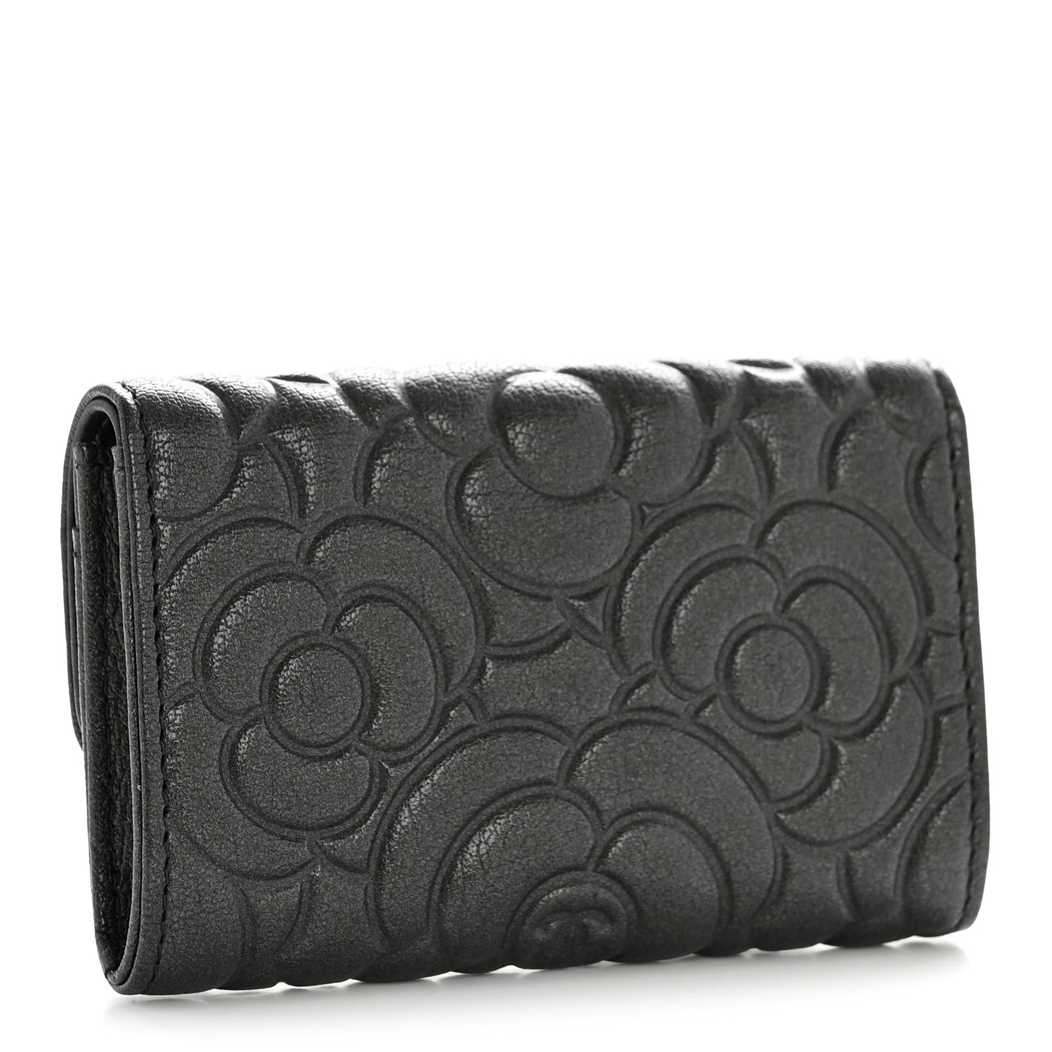 Chanel Goatskin Camellia Embossed Flap Card Holder Wallet Anthracite 3 of 9