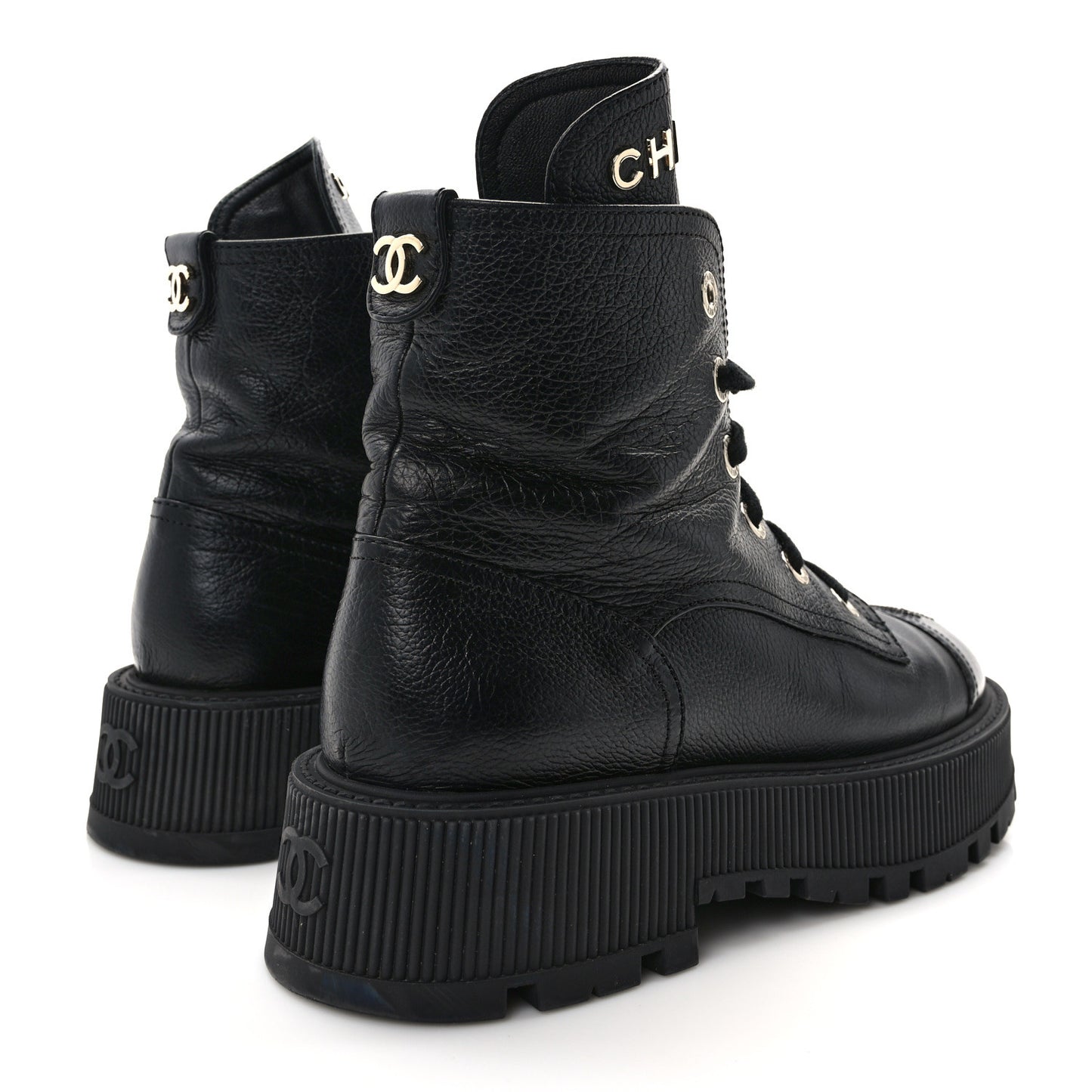 Grained Shiny Calfskin CC Lace Up Combat Boots 38 Black