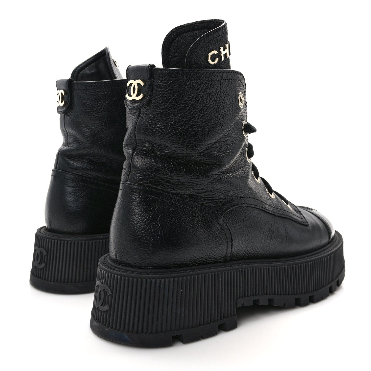 Chanel Grained Shiny Calfskin CC Lace Up Combat Boots 38 Black 4 of 11