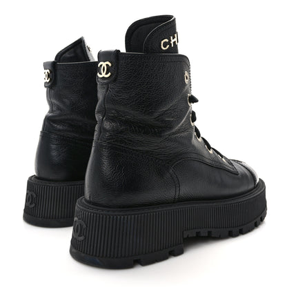 Chanel Grained Shiny Calfskin CC Lace Up Combat Boots 38 Black 4 of 11
