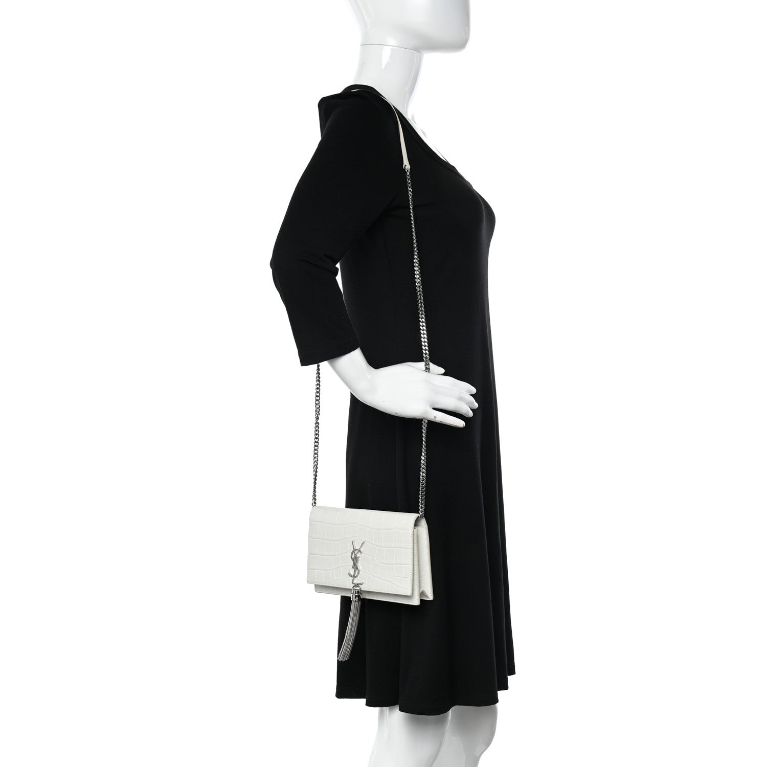 Saint Laurent Calfskin Crocodile Embossed Kate Monogram Tassel Chain Wallet Crema Soft 2 of 11