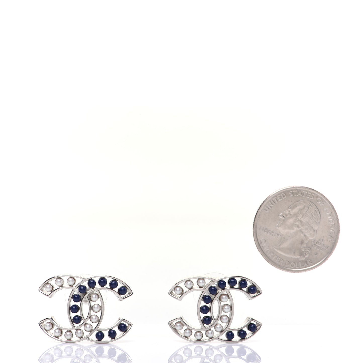 Pearl Beaded CC Earrings Silver White Blue