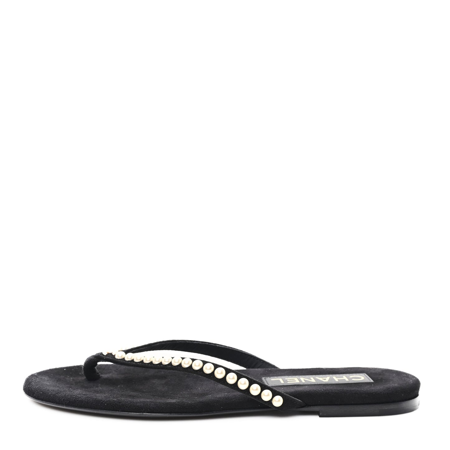 Suede Pearl Strass CC Thong Sandals 35.5 Black