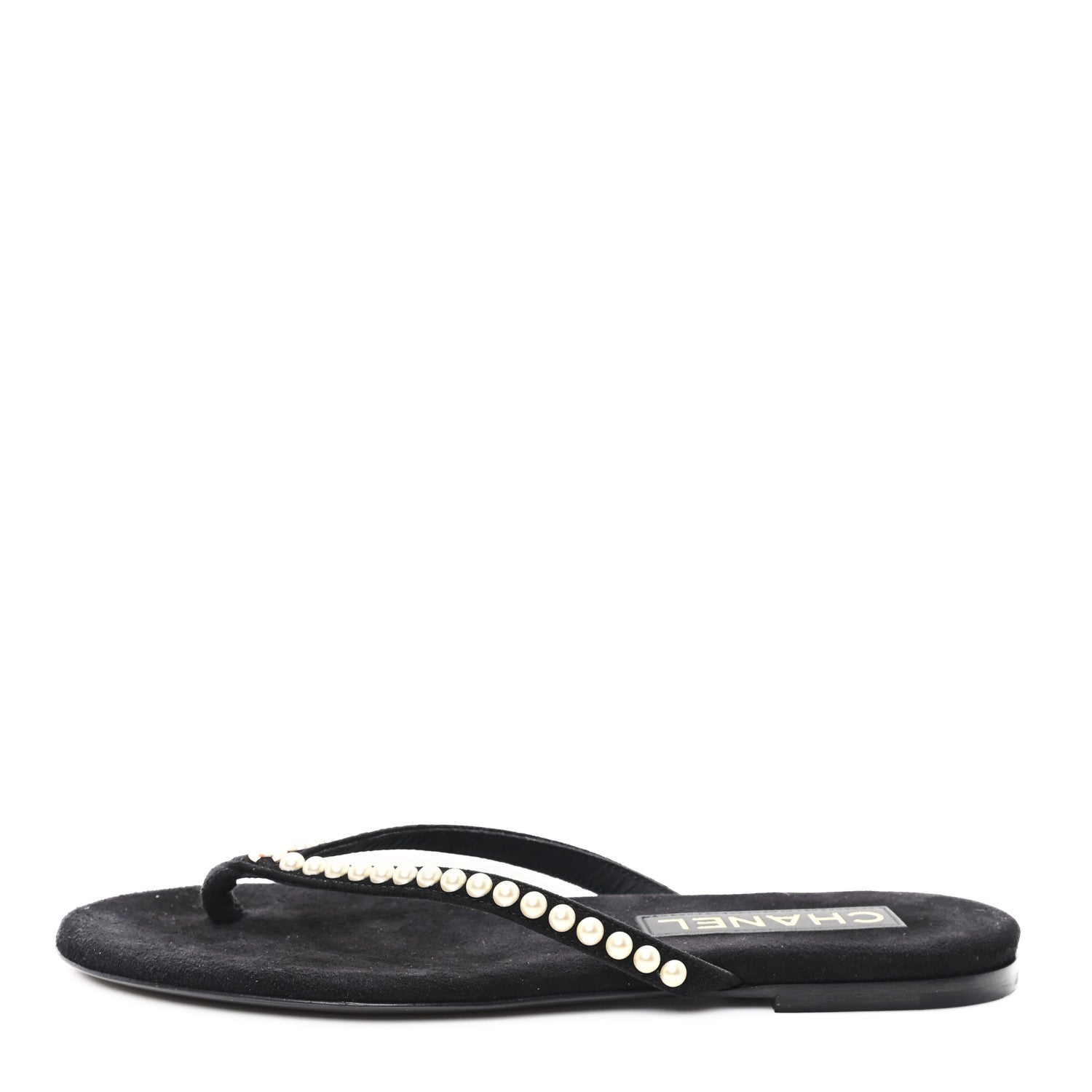 Chanel Suede Pearl Strass CC Thong Sandals 35.5 Black 1 of 8