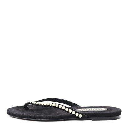 Chanel Suede Pearl Strass CC Thong Sandals 35.5 Black 1 of 8