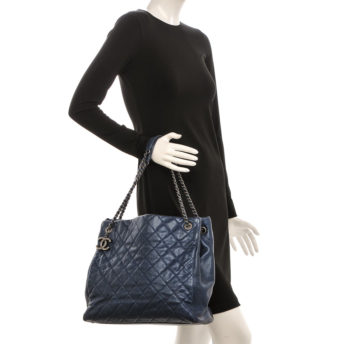 Iridescent Caviar Quilted Chic Tall Shopping Tote Navy