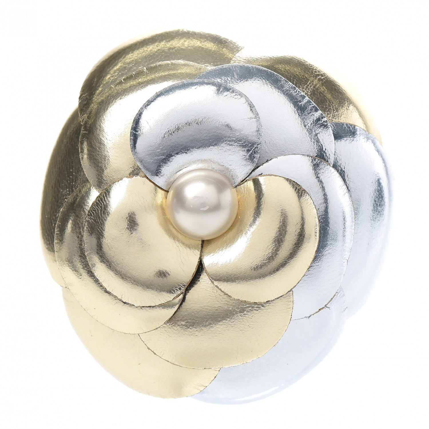 Chanel Metallic Lambskin Pearl Camellia Brooch Gold Silver 1 of 4