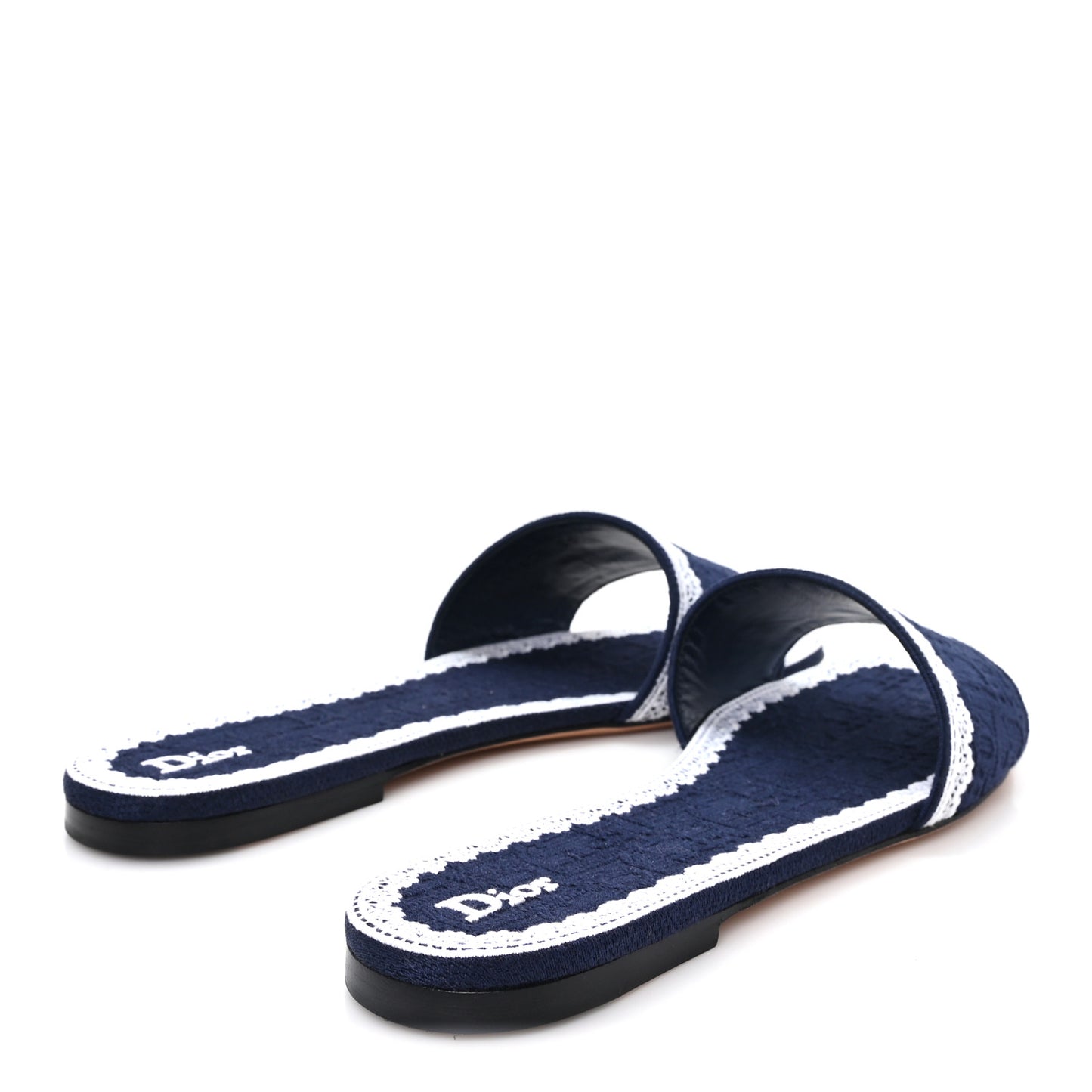 Oblique Embroidered Cotton Lace Dentelle Flat Slide Sandals 39 Navy Blue White